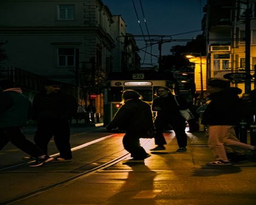 Evening stroll near public transport in city
